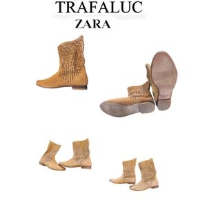 COPY - TRAFALUC ZARA WOVEN SUEDE WITH LEATHER MID CALF FLAT BOOTS SIZE 41/9